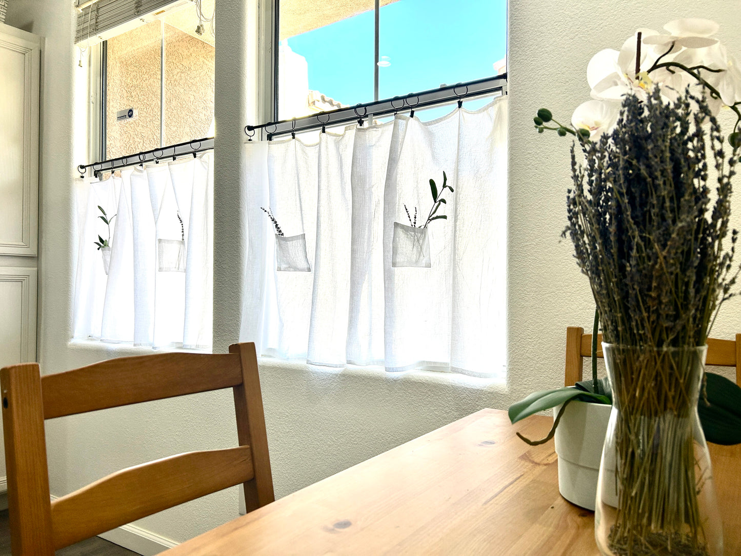 29" w x 28" L White Tea Towel Cafe Curtains with Center Pocket (set of two panels with 10 black rings included)