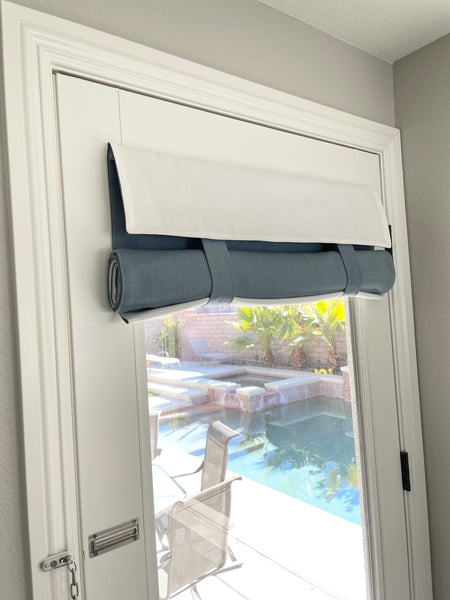 Reversible Morning Blue and Off White Herringbone Door Curtain 1 Panel