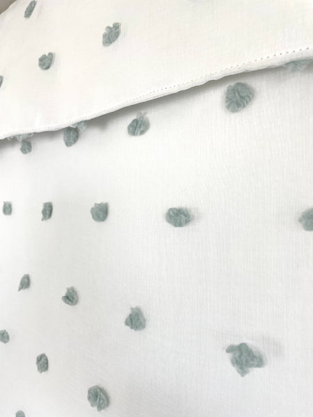 Dino Dots Pom Pom Blackout Nursery Curtain 1 panel (Greenish Blue Pom on off white fabric)