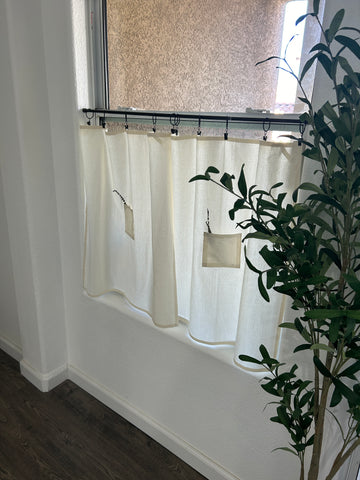 27" w x 27" L Cream Tea Towel Cafe Curtain with Center Pocket (set of two panels with 10 black rings included)