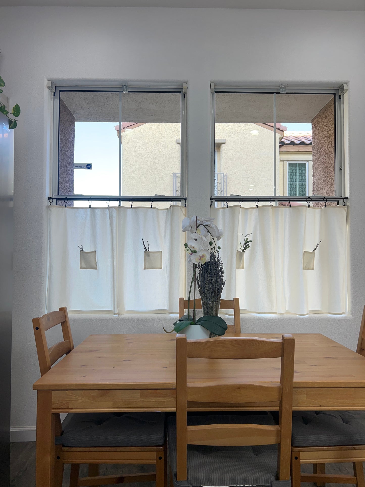 27" w x 27" L Cream Tea Towel Cafe Curtain with Center Pocket (set of two panels with 10 black rings included)