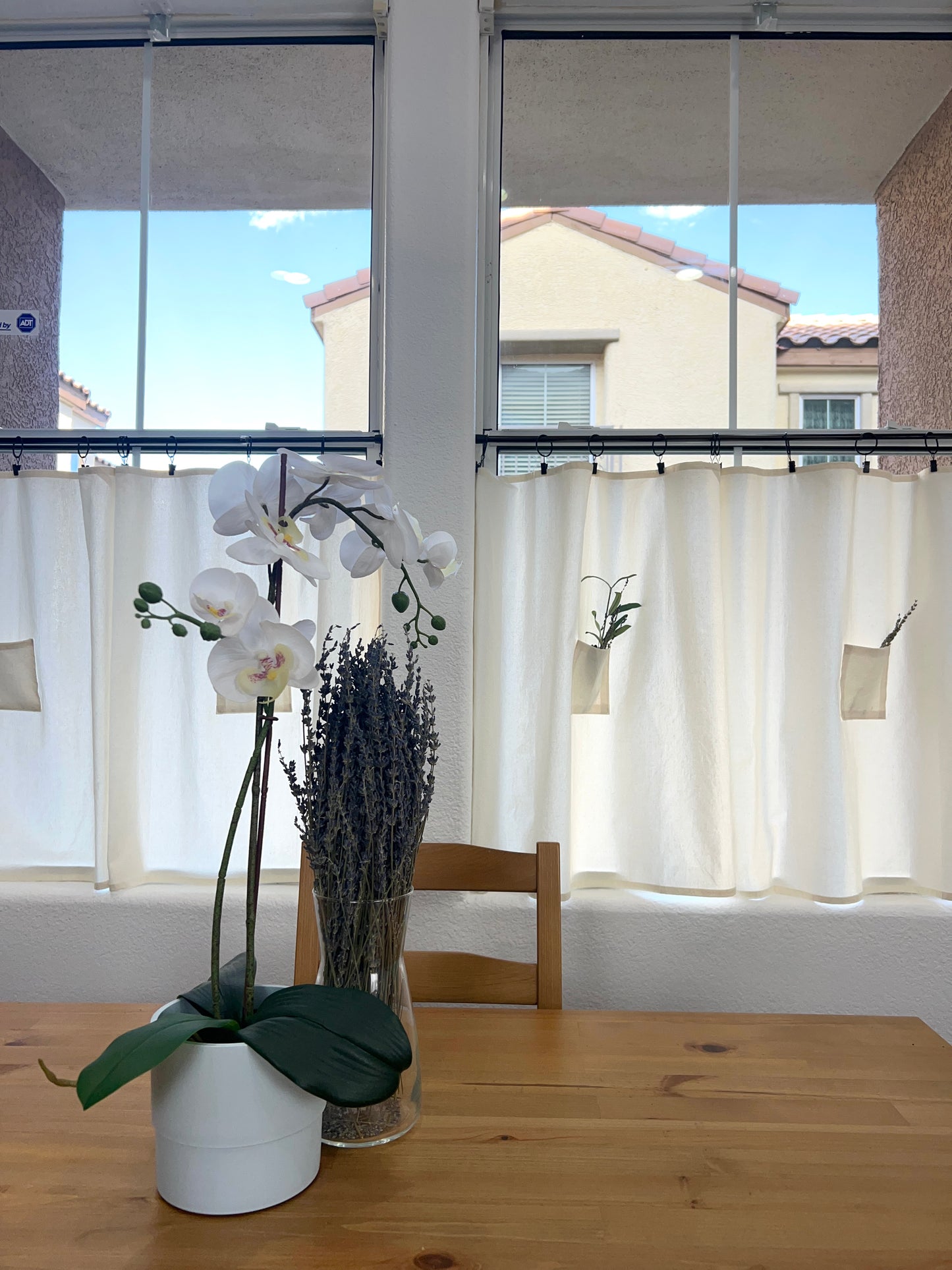 27" w x 27" L Cream Tea Towel Cafe Curtain with Center Pocket (set of two panels with 10 black rings included)