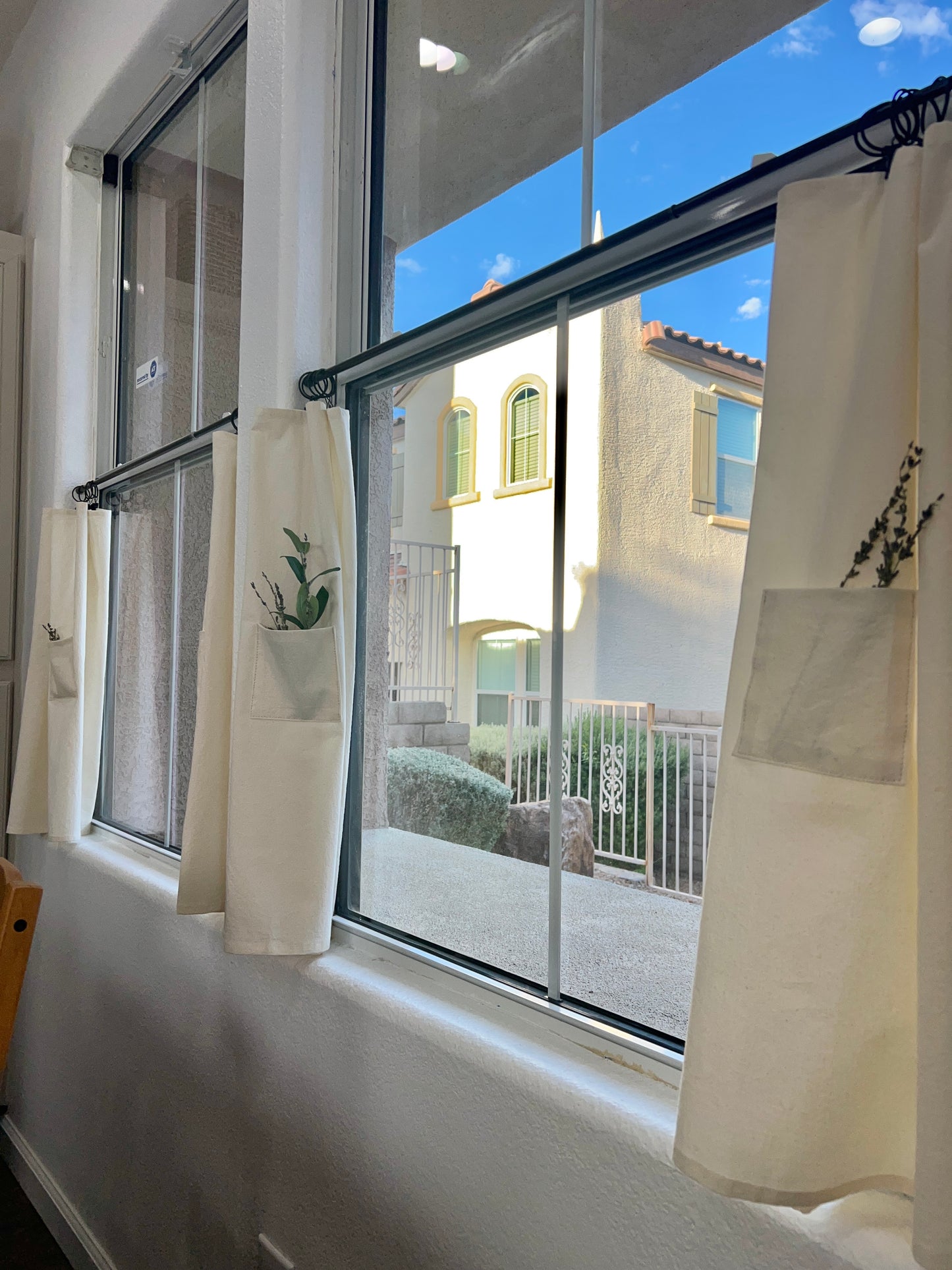 27" w x 27" L Cream Tea Towel Cafe Curtain with Center Pocket (set of two panels with 10 black rings included)