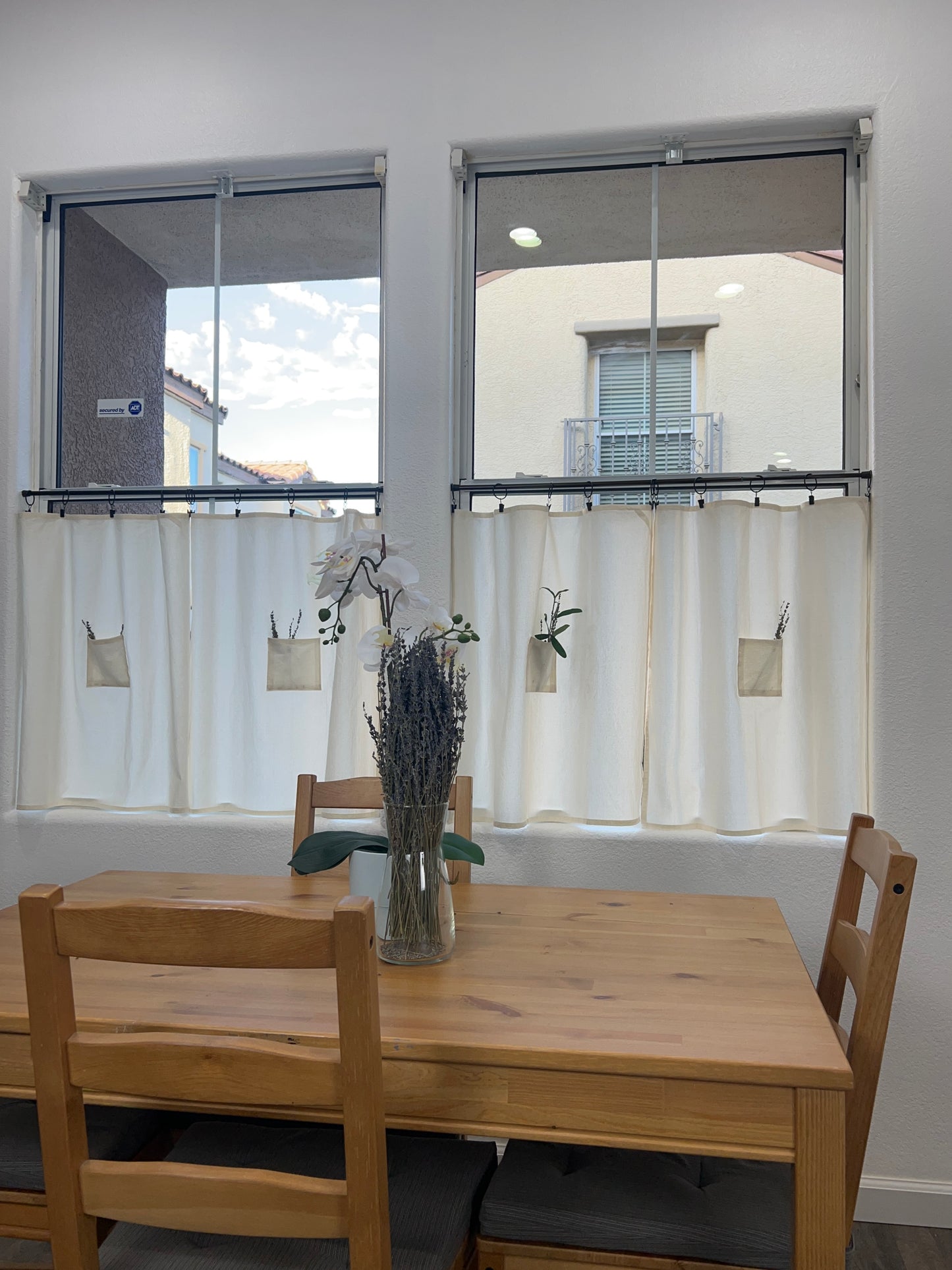 27" w x 27" L Cream Tea Towel Cafe Curtain with Center Pocket (set of two panels with 10 black rings included)
