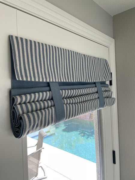 Reversible Morning Blue Solid and Striped Door Curtain 1 Panel