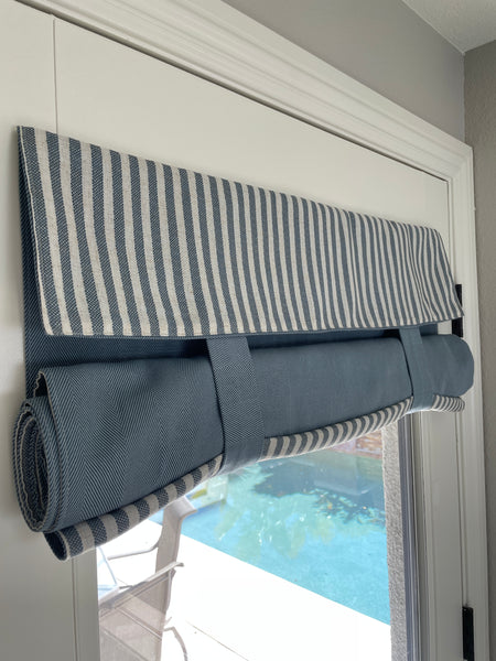 Reversible Morning Blue Solid and Striped Door Curtain 1 Panel