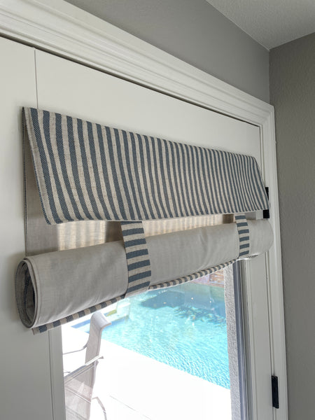 Reversible Morning Blue Striped and Beige Door Curtain 1 Panel