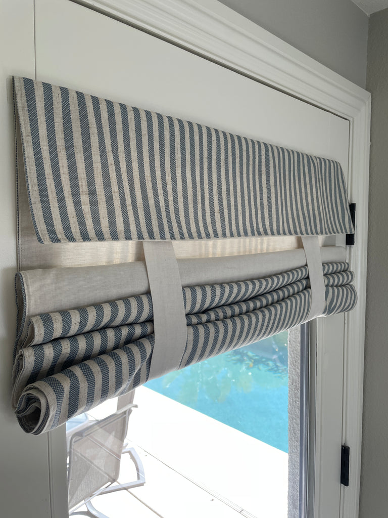 Reversible Morning Blue Striped and Beige Door Curtain 1 Panel