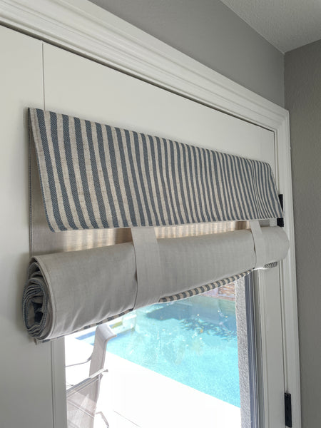 Reversible Morning Blue Striped and Beige Door Curtain 1 Panel