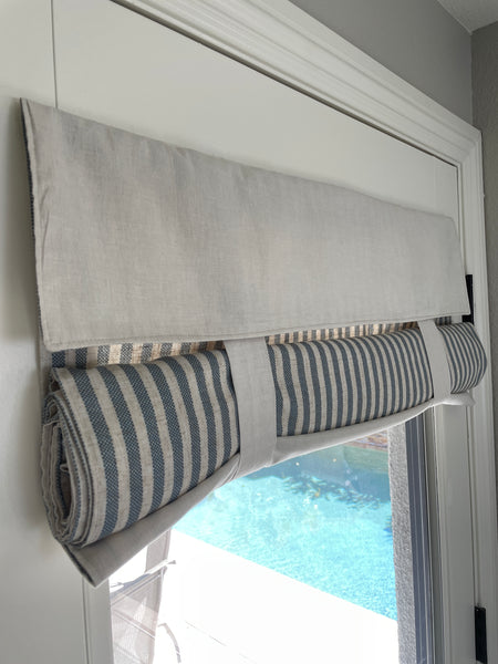 Reversible Morning Blue Striped and Beige Door Curtain 1 Panel