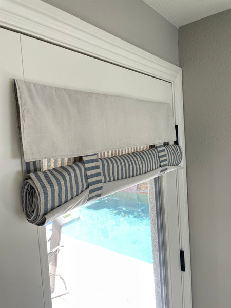 Reversible Morning Blue Striped and Beige Door Curtain 1 Panel